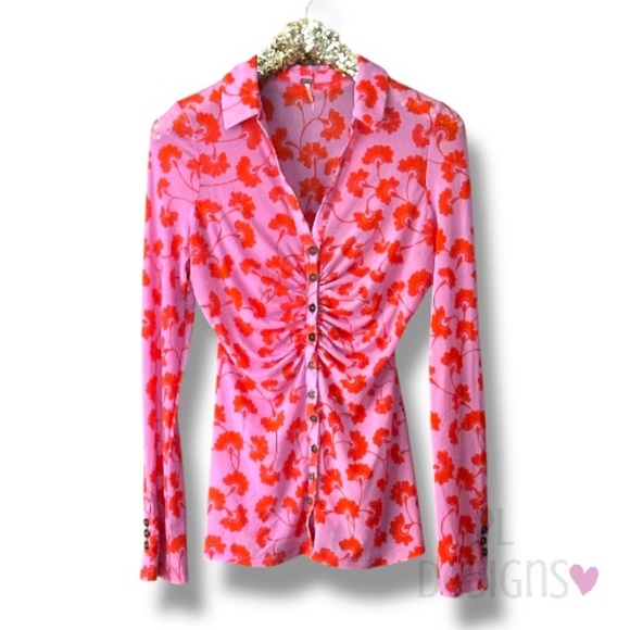 FREE PEOPLE Lucky Shirtee Mesh Sheer Top Button Front Bubblegum Medium - Picture 1 of 6
